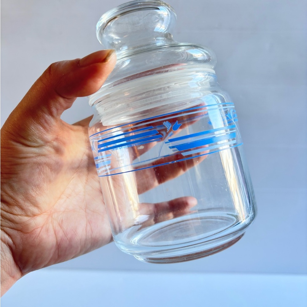 Vintage Clear Glass Kitchen Jar with Blue Geometric Design and Lid